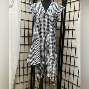 ATHENA MARIE BLUE GINGHAM TIERED Chic Asymmetrical CAP SLEEVES Dress SIZE M